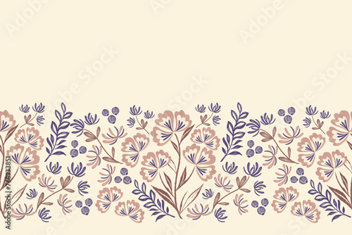 Floral ditsy pattern seamless embroidery background border. Pink blue Flower motif vintage minimal style vector illustration hand drawn