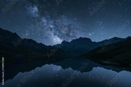 Milky Way reflected in lake amid mountain landscape at midnight