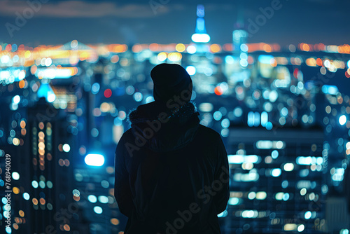 A faceless individual standing atop a building at night, overlooking the city lights