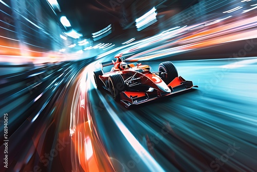 Formula One race car speeding down the track at night, with a glowing red and blue light trail.