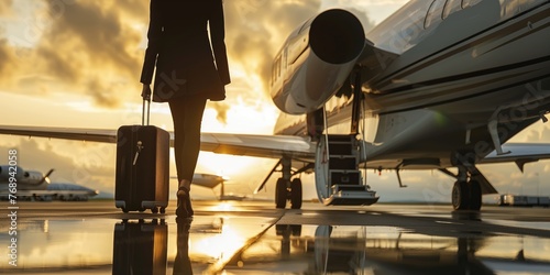 Traveler at Sunset, Ready to Board a Private Jet