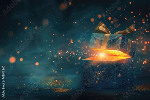 A mysterious gift box with a glowing light escaping from the slightly open lid sparking curiosity and excitement