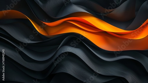 Wavy lines and curves in a 3D design with orange accents. Elegant 3D abstract wave pattern with a blend of orange and black.