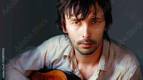 um músico bonito com cabelo alto e seu violão.