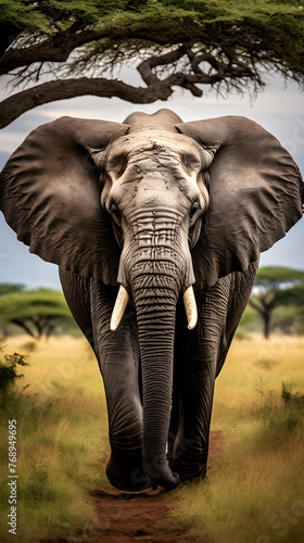 Powerful Majesty of a Tranquil African Elephant in Savannah Landscape: A Portrait of Resilience and Charm