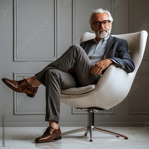 Confident senior man with beard sitting in a stylish white chair in a sophisticated office setting. 