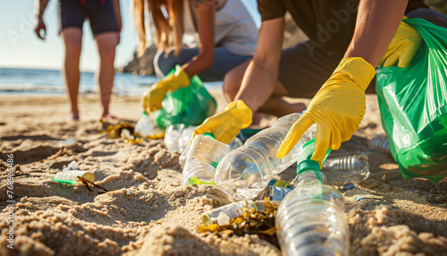 Volunteers Cleaning Up Plastic Waste on Beach to Protect Environment