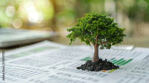 Analyst charts sustainable growth miniature trees sprouting from financial reports