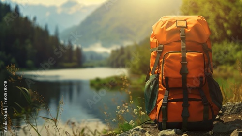 Adventure awaits: travel backpack against enchanting wild nature backdrop