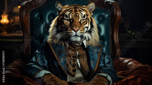 sophisticated tiger in a velvet smoking jacket, adorned with gold embroidery and a silk cravat. Against a backdrop of royal palaces, it exudes aristocratic elegance and feline grace. Mood: regal and r