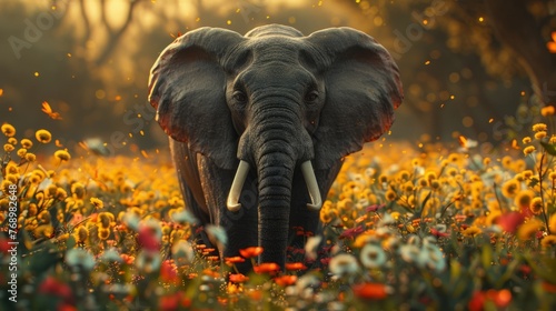 Elephant in a flower Field. AI Generative