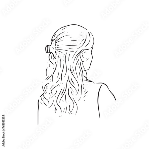 A black and white illustration of a lady with a clip in her hair. Drawn by hand in line drawn sketchy style.