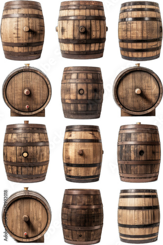 A collection of wooden oak barrels in various shapes and positions 🛢️🌳. Explore the diverse world of barrel art!
