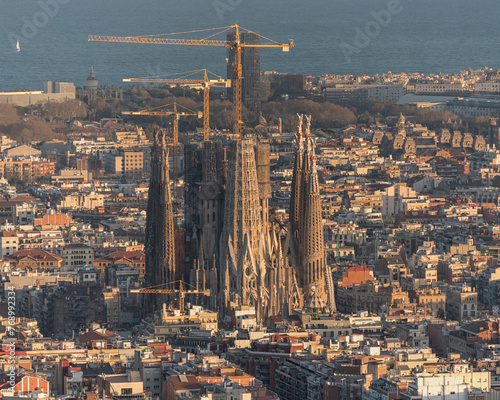 Aerial panoramic view of Barcelona city skyline and Sagrada familia in Spain.