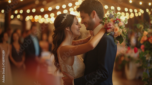 Wedding couple dancing their first dance, Indoor setting with string lights and floral decorations