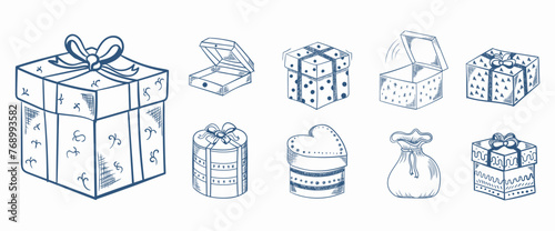Set of hand drawn sketches of gift box decorated with bows, ribbons and beads. Doodle heap of gift boxes to design greeting cards for New Year, Christmas, birthday. Vector illustration,