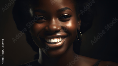 Portrait of a black young girl with beautiful facial features, black hair, a large mouth with snow-white teeth, brown eyes, she is happy, smiling. Close-up