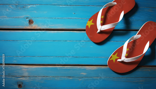 Pair of beach sandals with flag China. Slippers for summer sea vacation. Concept travel and vacation in China.