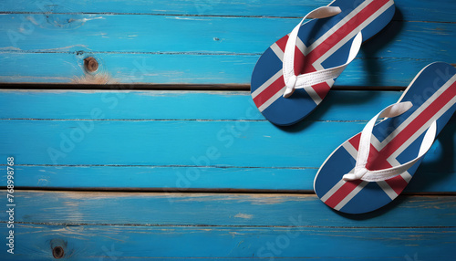 Pair of beach sandals with flag Iceland. Slippers for summer sea vacation. Concept travel and vacation in Iceland.