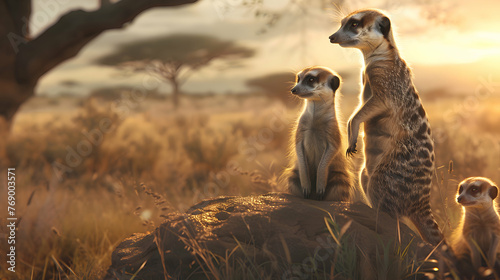 A family of meerkats standing guard in the African savanna