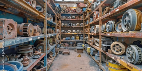 Assorted collection of industrial alternators on vintage workshop shelves
