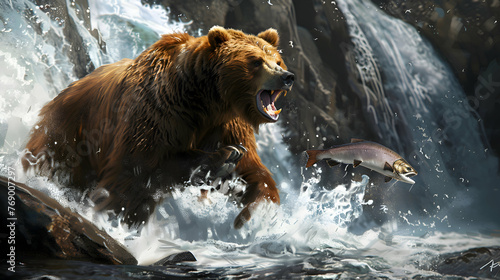 A majestic grizzly bear catching salmon in a rushing river