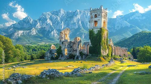 Ruins of European medieval castle and beautiful panoramic landscape with blue mountains 