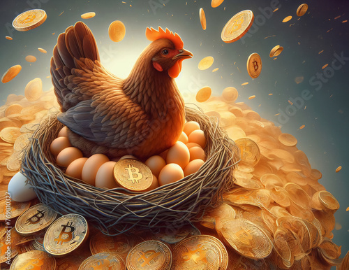 Bitcoin -Eine Henne sitzt auf einem Nest und brütet Bitcoins aus. Die Bitcoins liegen, Bitcoin-Konzept, digitale Illustration, copy space