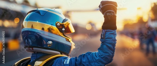 Racing Driver Celebrating Victory at Sunset