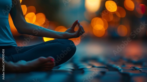 Psychic women embrace spirituality through meditation and yoga amidst esoteric bokeh lights