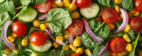 Close-up of fresh salad with tomatoes, cucumbers, spinach, corn, and red onions. Macro shot of healthy food concept