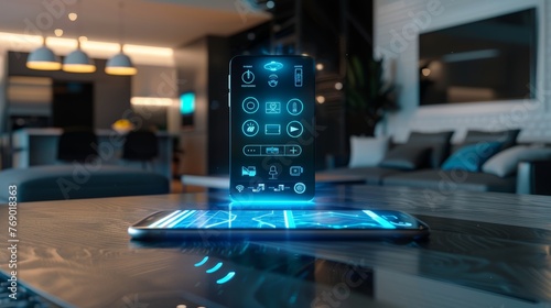 Futuristic smartphone with glowing blue interface icons on table in smart home. Interior, selective focus.