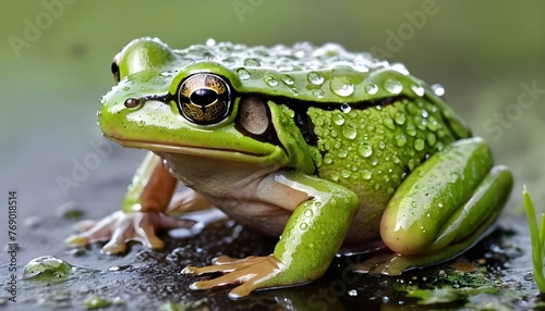 A Frog With Its Skin Drenched With Dew