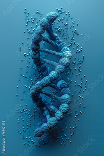 Cadena ADN espiral azul vertical, con fondo azul con textura. Ciencia biotecnología, ingeniería genética, nuevas tecnologías moleculares, concepto columna vertebral, riesgo análisis compatibilidad gen