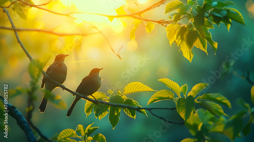 Diurnal birds chirping melodiously under the morning sun