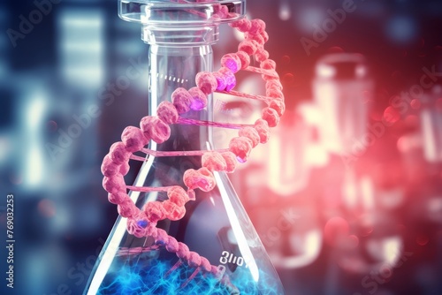 DNA strand with chemistry flask on scientific background. 3d illustration. 