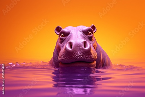 a hippo in water with orange background