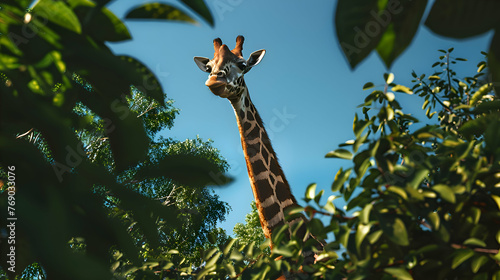 Giraffe reaching for leaves in the tall treetops