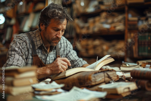 An artisan engrossed in restoring books in a cluttered, vintage workshop full of antique tomes and tools
