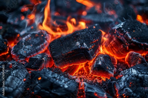 Detailed imagery capturing the essence of fiery coals as they're ablaze, highlighted by the contrasting cool tones