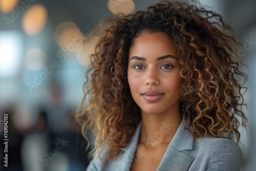 Young, confident biracial businesswoman with curly hair, indoors with soft light