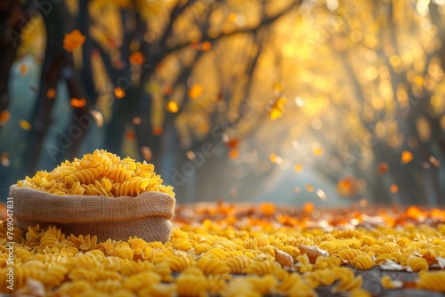 Sunlit fusilli pasta overflow from a burlap sack, capturing the golden beauty of the autumn harvest