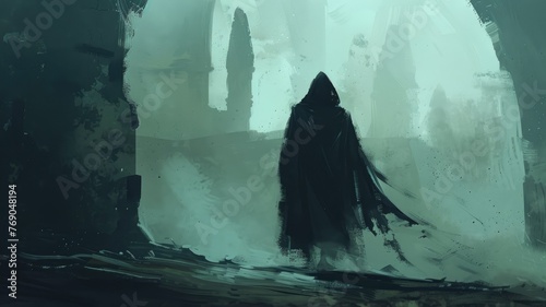 Hooded figure standing in a vast cathedral - A digital painting of a lone hooded figure standing in an expansive, ancient cathedral hallway