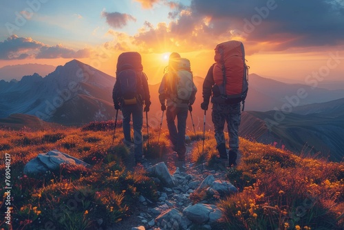 Majestic image of hikers with backpacks walking on a mountain trail at sunset, symbolizing adventure and exploration