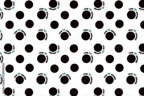 Seamless pattern. Small black circles on a transparent background. I love Ukraine. Blue and yellow heart. Flyer background design, advertising background, fabric, clothing, texture, textile pattern.