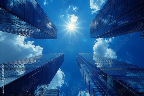 Upward perspective of towering skyscrapers converging towards a bright sun, showcasing an urban canyon effect