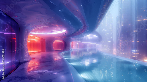 3d render of abstract art surreal architecure building with futuristic modern interior inside based on curve wavy organic smooth and soft lines forms on neon purple and frozen blue mix gradient color