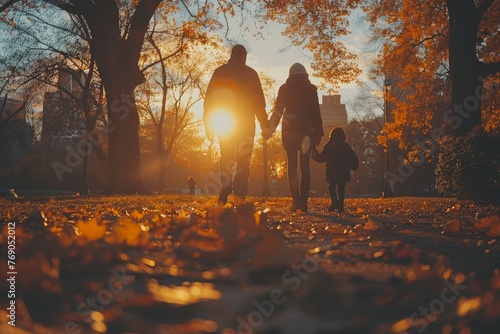 A family walks hand in hand on a path covered with fall leaves, with the setting sun casting a warm glow and long shadows