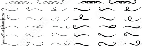 Hand drawn swirling lines and ornamental curls collections. Abstract calligraphic vector doodled dividers underline test icons set isolated on transparent background. Use for writing sketching.