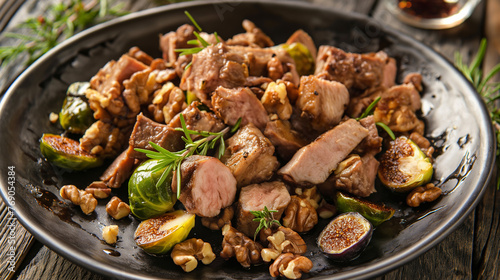 Shredded spiced pork tenderloin with figs, walnuts and Brussels sprouts, AI generated